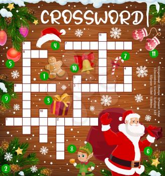 Christmas crossword cross puzzle with Santa and gifts, pine tree and gingerbread, elf and lollipop candy. Find word quiz for kids, educational riddle with Christmas cartoon characters, wood background