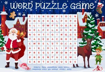 Merry christmas word puzzle worksheet with Santa and reindeer, elf and gingerbread man, little town buildings. Kids quiz or riddle game, educational game, crossword with Christmas cartoon characters