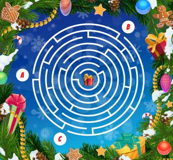 Kids labyrinth game, Christmas maze with holiday decorations and gifts. Children find way playing activity and child search path game. Christmas tree ornaments, present boxes and sweets cartoon vector