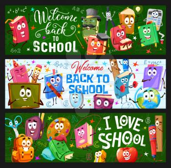 Back to school banners with cartoon funny books and stationery characters. Kids education, child school lessons vector horizontal banners with smiling textbook, paint and pen, chalkboard background