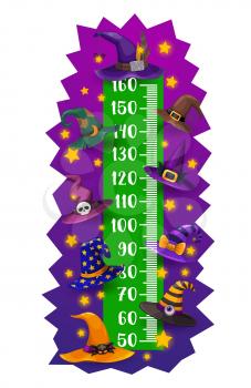 Kids height chart, Halloween witch and wizard hats, vector growth meter. Child height measuring scale or baby tall ruler with Halloween witch or sorcerer hats with skull, stars and zombie eyeball