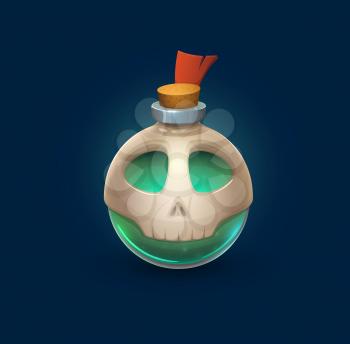 Witchcraft glass bubble bottle with skull and poison, vector cartoon magic potion flask. Halloween horror and witch potion or death elixir with skeleton skull and cork bung