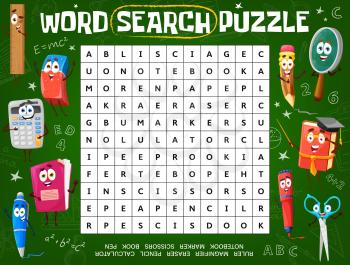 Word puzzle game worksheet with cartoon school education characters. Kids word grid quiz, crossword riddle or logical game book page with funny stationery, books and science formulas on chalkboard
