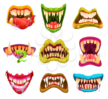 Cartoon monster werewolf and vampire jaws with sharp fangs and tongues, vector Halloween masks. Monster moth of scary evil smile faces of beast, zombie or alien horror creature and devil jaw teeth