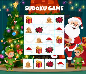 Children Christmas sudoku game with holiday gifts, Santa hat and poinsettia, gingerbread cookie. Child logic puzzle, kids riddle with Santa Claus and elfs characters, Christmas tree cartoon vector