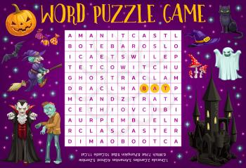Happy halloween word puzzle worksheet with cartoon halloween characters. Word quiz or riddle game, crossword for kids with spooky vampire, zombie and witch, ghost, pumpkin lantern and scary castle