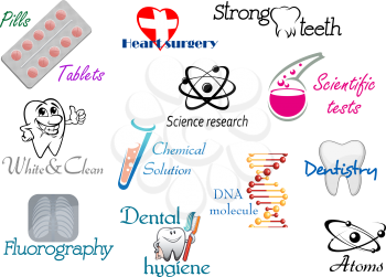Medicine and science symbols with headers for scientific and research design