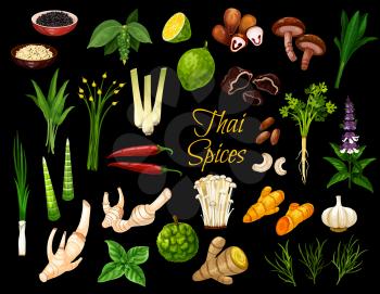 Cooking spices, Thai cuisine herbs and seasonings. Vector Thailand spices, condiments ans herbal flavorings, ginger root, lemongrass and kaffir lime, coriander, lotus and shiitake mushrooms