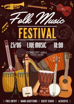Folk music festival, sound band concert poster, musical instruments and notes. Vector stringed and acoustic folk music African jembe drums, Russian accordion harmonica, Japanese shamisen and mandolin