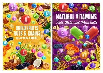 Dried fruits, nuts and cereal grains, natural organic gluten free food nutrition. Vector healthy vegan raw figs, plum prunes and dried apricot, corn, wheat and rye grain, coconut, hazelnut and almond