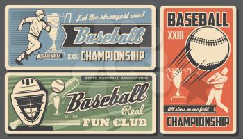 Baseball victory cup championship college fan club and sport league tournament. Vector vintage retro posters, softball team and baseball professional game on grand arena