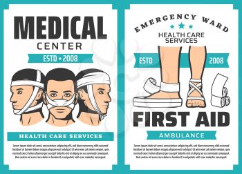 Medical emergency clinic, first aid center ambulance and hospital posters. Vector healthcare services in traumatology and surgery clinic, injury and wound medical assistance