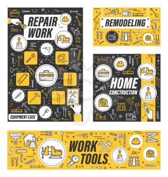 Hose remodeling work tools, home renovation and house construction service. Vector handyman carpentry, masonry and woodwork hand tools, drill and saw, paint, construction hammer and ruler toolkit
