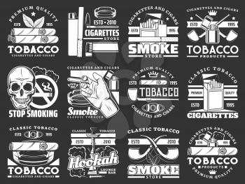 Cigars, cigarettes and premium quality tobacco products icons. Vector tobacco smoking shop, hookah and shisha bar, cigar cutters, lighters and matches box stop smoking sign and tobacco leaf