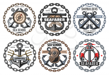 Nautical ship anchor and vintage aqualung icons, ocean spirit and seafarer captain signs. Vector sea school badge, marine heraldic symbols of frigate cannon and crossed boat anchor in chain