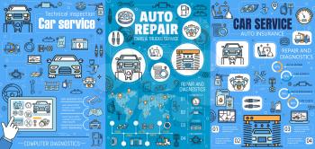 Car mechanic maintenance service, automobile repair and diagnostics auto center. Vector vehicle insurance, car wash and technical garage station, car check-up, engine oil replacement and tire pumping