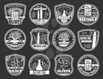 Olive oil, fruit and tree branch monochrome badges. Farm food vector icons with oil bottles, can and jar of pickled and marinated fruits, packaging labels and emblems design
