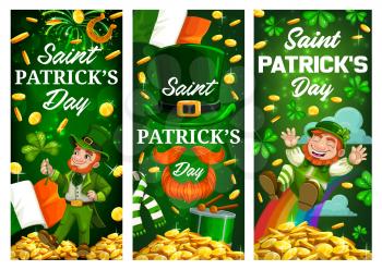 Irish holiday leprechauns with clovers and gold, St Patricks Day vector banners. Green shamrock leaves, leprechaun hats and golden coins, lucky horseshoe, flags of Ireland, celtic treasure rainbow