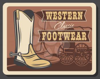 Western footwear, Wild West vintage retro poster. American Texas cowboy shoe shop or boots with spurs, leather footwear shoemaker company, Indigenous wagon wheel o Western stagecoach