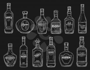 Alcohol drink bottle chalk sketches on blackboard. Vector wine, vodka and whiskey, tequila, cognac and brandy, absinthe, bourbon and rum, spirit beverages of bar, restaurant and liquor store design