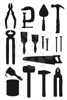 Repair work tool silhouettes, construction and building vector design. Hammers, saw and screwdriver, hardware toolbox, carpentry screws, brushes and paint, pliers, wire cutter and nails, trowel, clamp