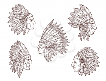Native american chief sketches. Vector heads of indian man, apache tribe warrior and cherokee archer with feather headdresses and tribal face paint, history of America and ethnic culture theme
