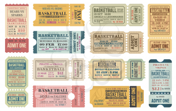 Basketball sport game competition ticket or admit one card vector templates with basketball balls. Championship league tournament match event access coupons and invitations retro design