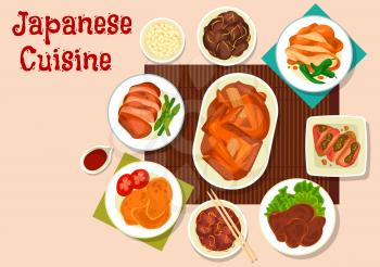 Japanese meat dishes vector design of Asian cuisine. Chicken wings and giblets with miso and soy sauce, liver with vegetables, fried and stewed pork with sesame and ginger, asparagus, pepper, beans