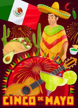 Cinco de Mayo Mexico holiday fiesta party vector design. Mexican sombrero hat, chili peppers, cactuses and Mexico flag, mariachi guitar, tequila margarita, taco and guacamole with festive bunting