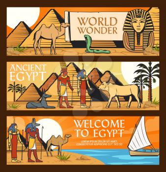 Ancient Egypt travel, wonders and famous landmarks. Cairo pharaoh pyramids and sphinx, Ancient Egypt gods and sacred animals, desert camels and felucca boat. Welcome to Egypt, vector banners