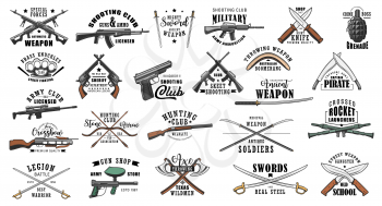 Guns and military weapon shop vector icons and symbols. Hunting ammunition rifles, crossbows and knives, saber and boomerang, brass knuckles, axe and grenade, shotgun and sword, machete or dagger