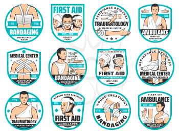 First aid, traumatology, bandage and clinic emergency ward vector icons. Accident injury fracture bandaging of arms, legs and head, body wound treatment, trauma first aid nursing service
