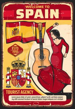 Welcome to Spain, tourism and travel agency vector vintage poster. Spanish culture and historic landmarks tours, flamenco dance and traditional guitar music, Madrid and Seville sightseeing