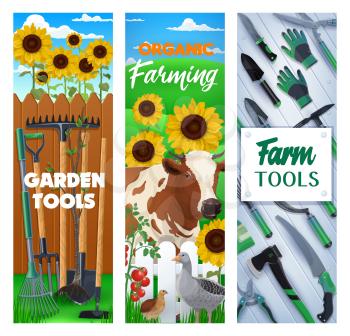 Agriculture farming, poultry and cattle farm, gardening tools vector banners. Farmer equipment rakes, plant secateurs and spade, hack and sickle, fruits, vegetables harvest and cows livestock