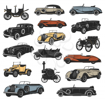Antique and rarity vintage cars in vector, old vehicle models. Classic steam engine and mechanical wheel motors, rally sport cars, convertible coupe, cabriolet and roadster