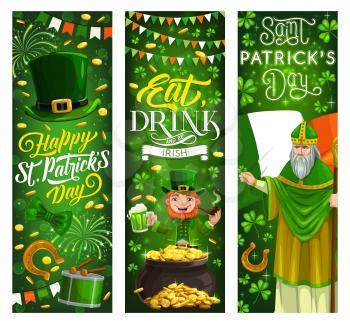 Happy Saint Patrick Day, Irish party holiday vector banners, Ireland flags and shamrock clover leaves. St Patrick Paddy man with cane stick, leprechaun smoking pipe near gold coins pot cauldron