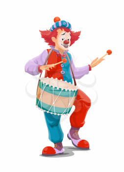 Circus clown playing drum, vector character of carnival comedy show. Joker or comic man cartoon character with funny hat, red wig and fake nose, makeup, giant clown shoes and drum sticks