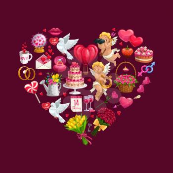 Valentines Day heart with vector Cupids, gifts and romantic love wedding rings, flower bouquets, chocolate and envelope, february calendar, candies and cakes, lips, wine and candles. Greeting card