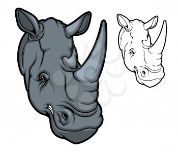 Rhino animal head mascot, two horned cartoon black rhinoceros. Angry african savanna mammal with red eyes, isolated rhino for safari tour, hunting sport club or zoo design
