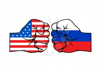 USA and Russia conflict vector concept, two fists in colors of American and Russian Federation flags. Political, economic and military confrontation of two countries, America vs Russia themes