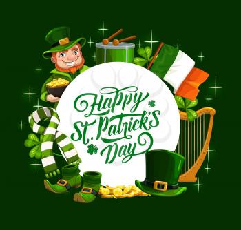 Happy Saint Patricks Day poster, leprechaun with gold coins and luck shamrock clover leaf. Vector Patricks Irish holiday, Ireland flag, leprechaun hat and shoes with golden buckles, scarf