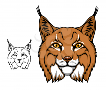 Lynx animal head vector cartoon mascot, wild bobcat. Wildcat lynx icon, hunting sport club or football team symbol design. Brown face of predatory mammal with black spots and stripes
