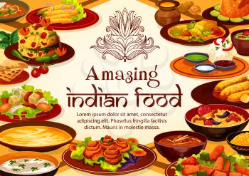 Indian restaurant menu cover, national cuisine food dishes. Vector breakfast, dinner and lunch meals, vegetables and spicy meat with curry rice, tandoori and masala plates