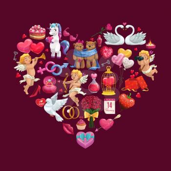 Heart of Valentines Day gifts, romantic couples and chocolate, Cupids, love envelope and bouquet, rings, holiday calendar and rose flowers, candy and red ribbons. Vector greeting card