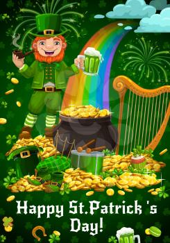Happy Patricks day holiday symbols and vector leprechaun greeting everyone, rainbow and pot of gold. Musical instruments as harp, bagpipe and drum with drumsticks, ale beer and cookies