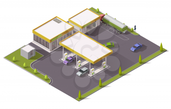 Gas, petrol and fuel filling station 3d isometric design with vector gasoline pumps, cars, store buildings and tank truck, auto service, repair shop, tire fitting and garage. Architecture themes
