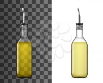 Bottle with pourer 3d vector mockups. Olive and sunflower oil, vinegar, sauce and seasonings glass container templates with drizzle spout, dispenser lid or plug, cooking ingredients glassware design