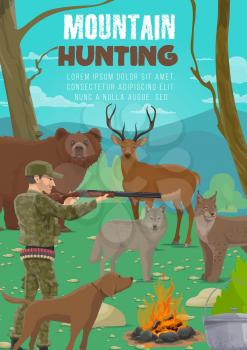 Hunter with hunting dog, rifle and animals vector design of forest and mountain hunting sport. Huntsman aiming with shotgun, deer, bear and wolf, reindeer, linux and elk, ammo, camouflage and campfire