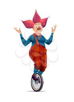 Clown balancing on unicycle wheel, circus and funfair carnival, vector performer. Clown in red wig performing juggling on bicycle wheel on big top circus arena