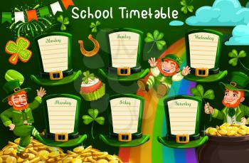 School timetable vector template with St Patrick clovers, leprechauns and coins. Weekly schedule or lesson planner on Irish holiday hats with green leaves of shamrock, lucky horseshoe and pot of gold